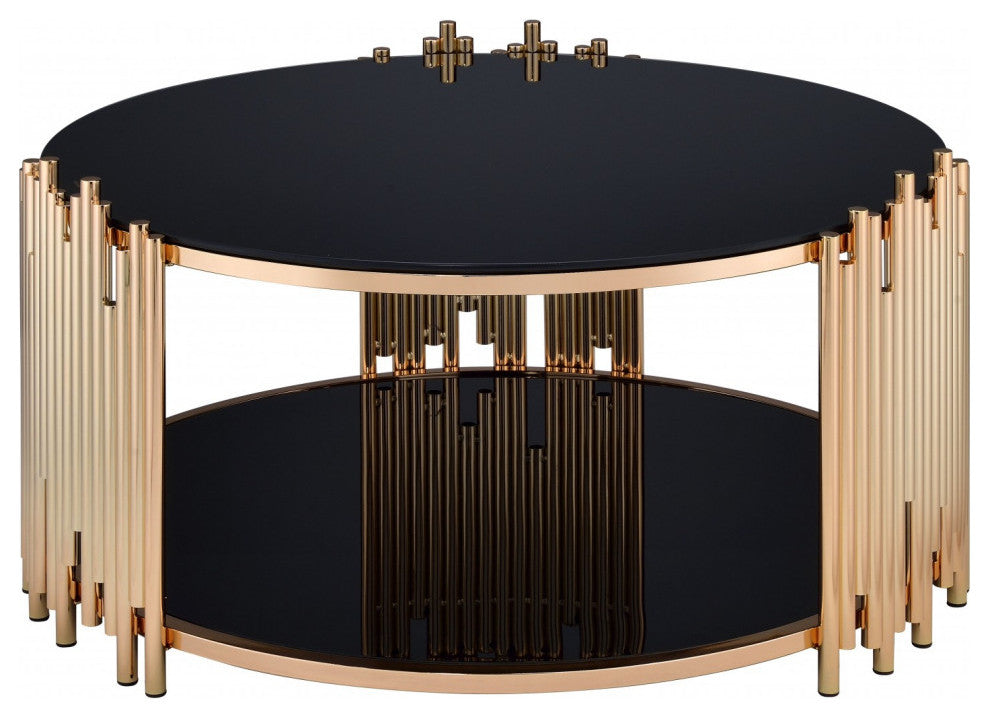 HomeRoots 37" X 37" X 18" Black Glass And Gold Coffee Table