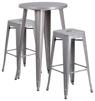 24" Round Silver Metal Bar 3-Piece Table Set With 2 Square Seat Backless Stools