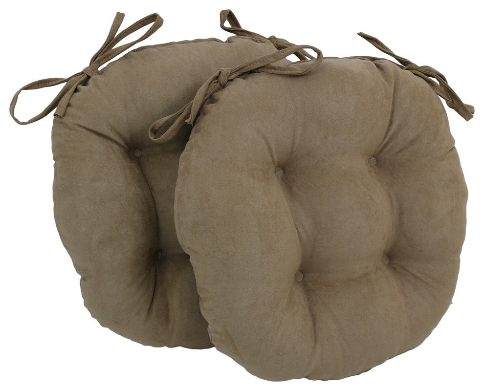 16" Solid Micro Suede Round Tufted Chair Cushions, Set of 2, Java