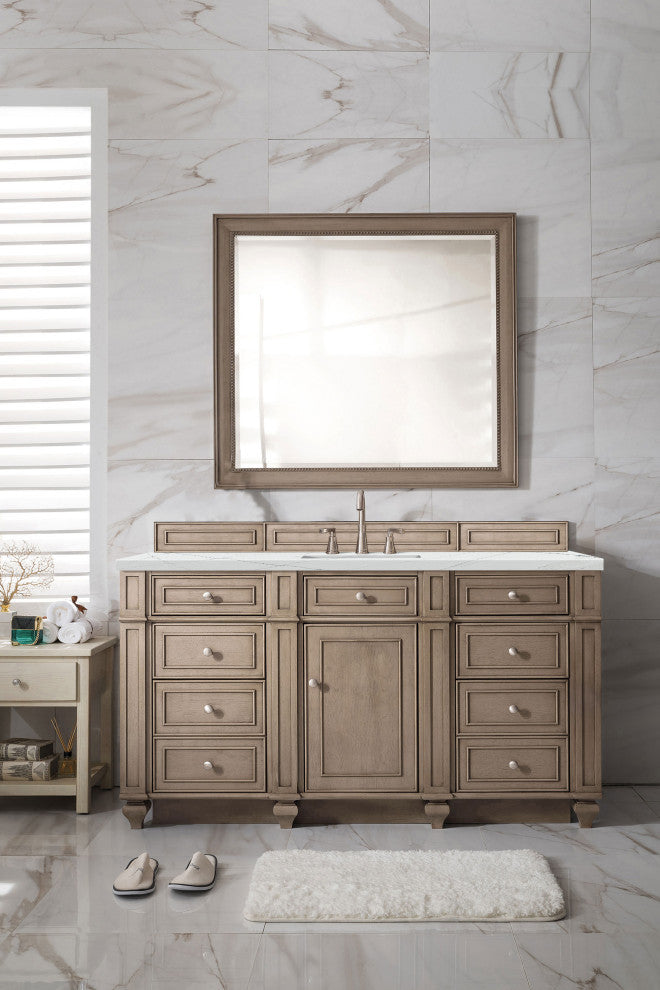 Bristol 60" Single Vanity Whitewashed Walnut, Ethereal Noctis Quartz