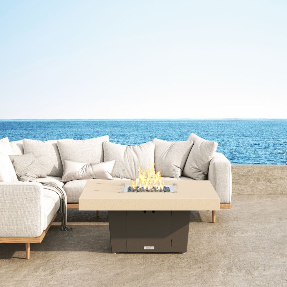 Square Fire Pit Table, 48x48, Chat Height, Natural Gas, Beige Powdercoat Top, Bronze