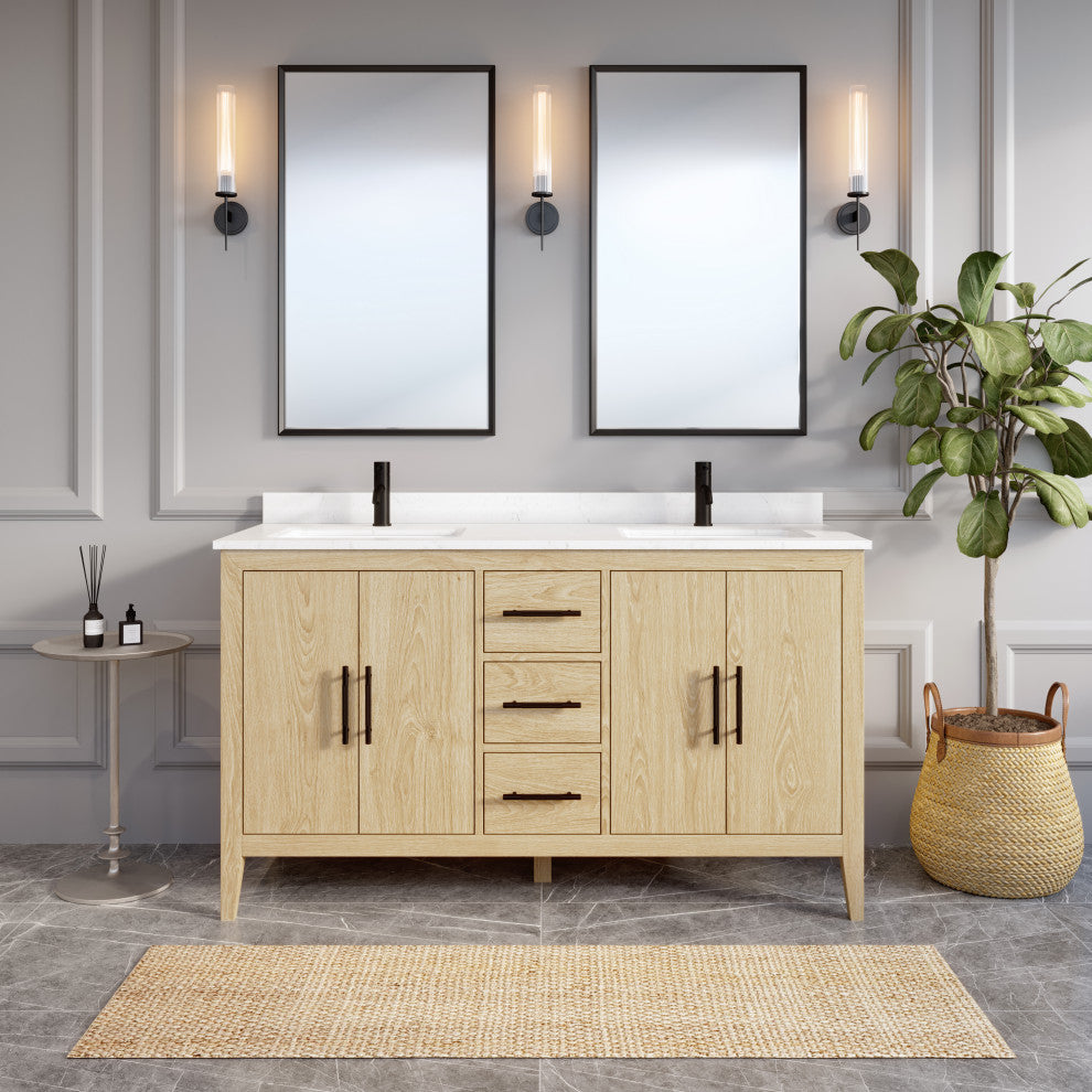 Vienna 60" Double Vanity With With Power Bar and Drawer Organizer, White Oak