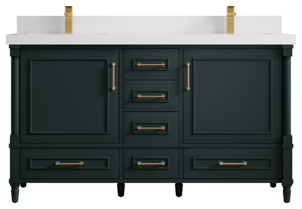 Aberdeen 60 Double Bathroom Vanity in Dark Forest Green 2" White Quartz