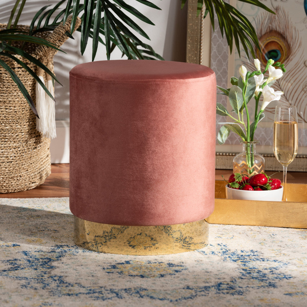 Greaves Glam Velvet Fabric Upholstered Ottoman, Blush Pink/Gold