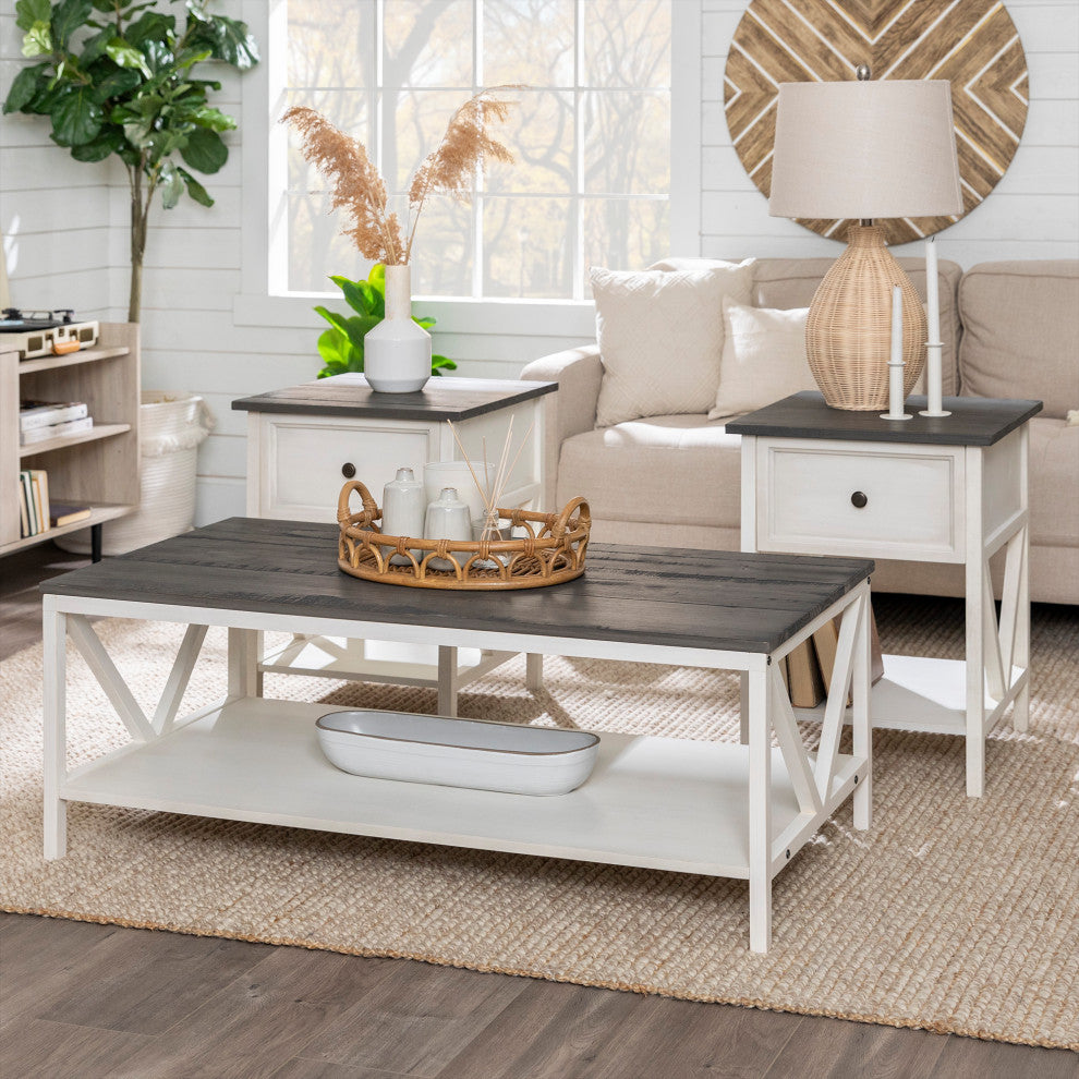 3-Piece Distressed Solid Wood Table Set - Grey/White Wash