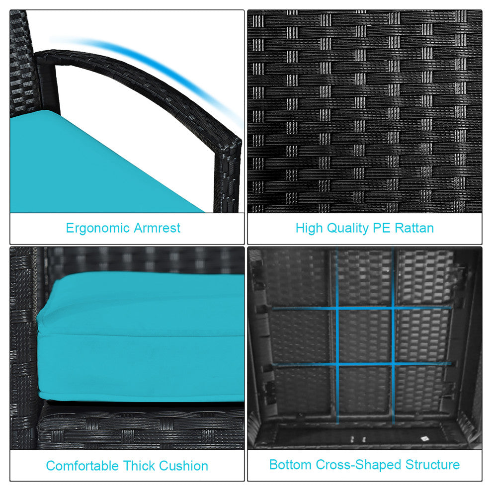 Costway 3PC Patio Rattan Furniture Set Coffee Table Sofa Cushioned Turquoise