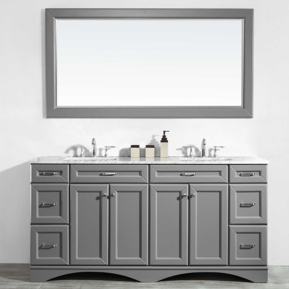 Naples 72" Vanity in Grey with Carrara White Marble Countertop With Mirror