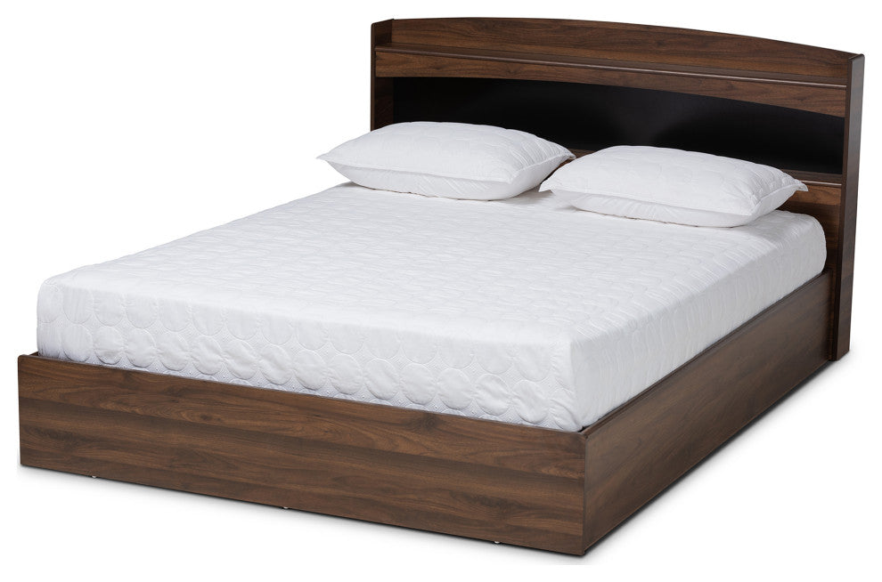 Rosslan Walnut Finish Mid Century Platform Bed With Storage Headboard, Queen