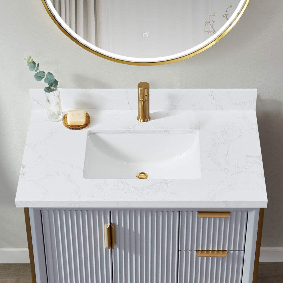 Malaga Composite Stone Vanity Top With Ceramic Sink, Grain White, 37"