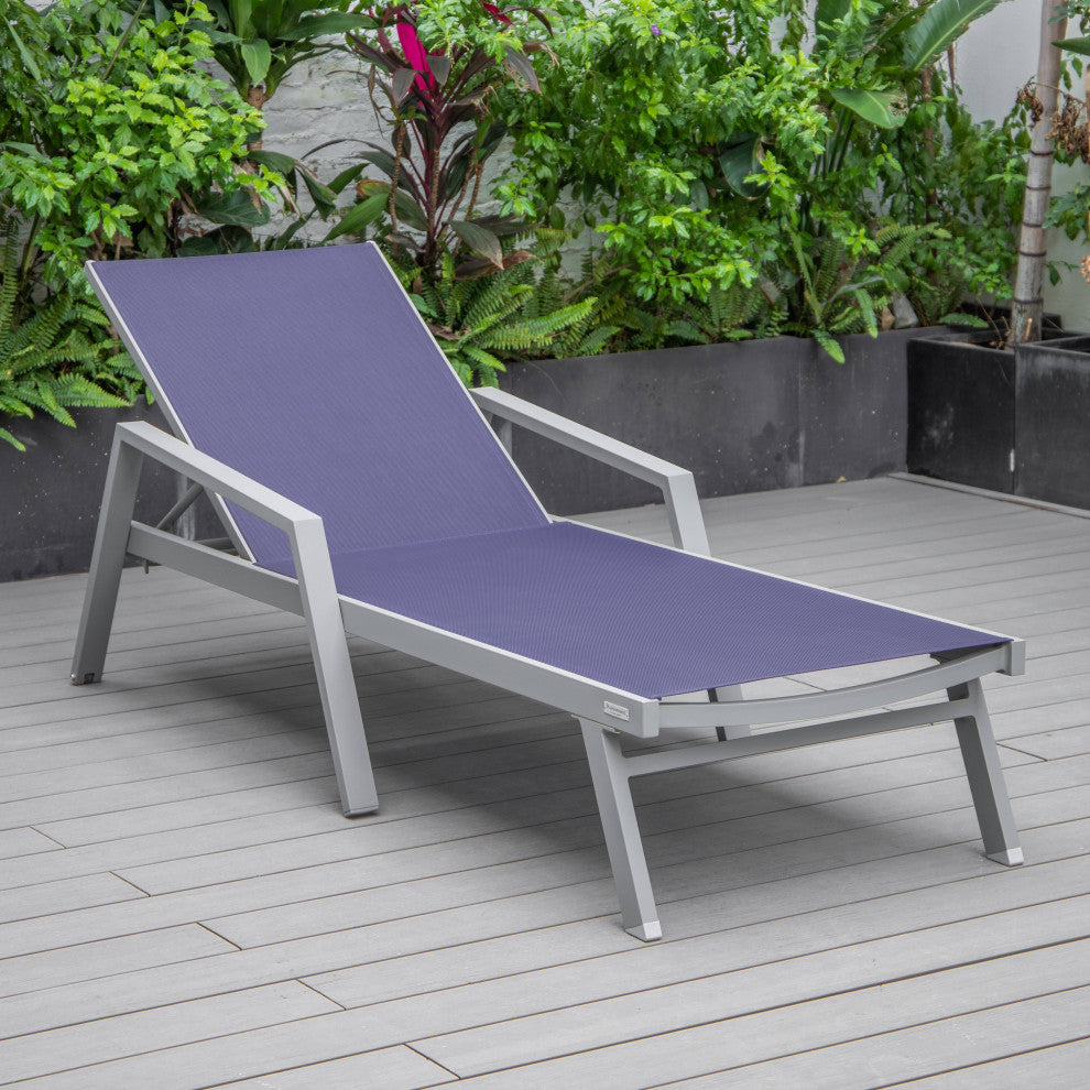 LeisureMod Marlin Chaise Lounge Chair With Arms and Fire Pit Table, Navy Blue