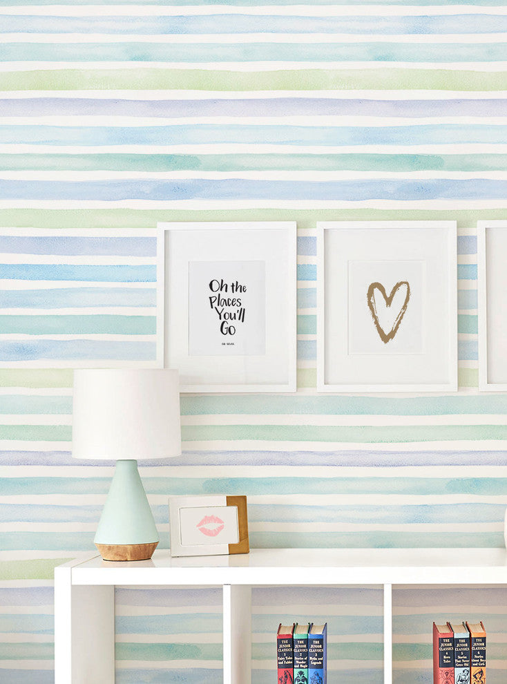 Watercolor Stripes Peel and Stick Vinyl Wallpaper, Ocean Blue, 24"w X 108"h