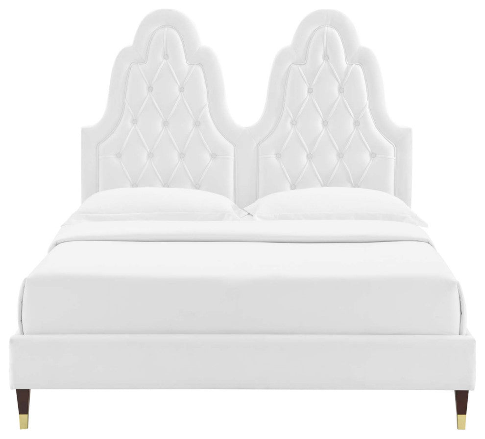 Tufted Platform Bed Frame, Twin Size, Velvet, White, Modern Contemporary