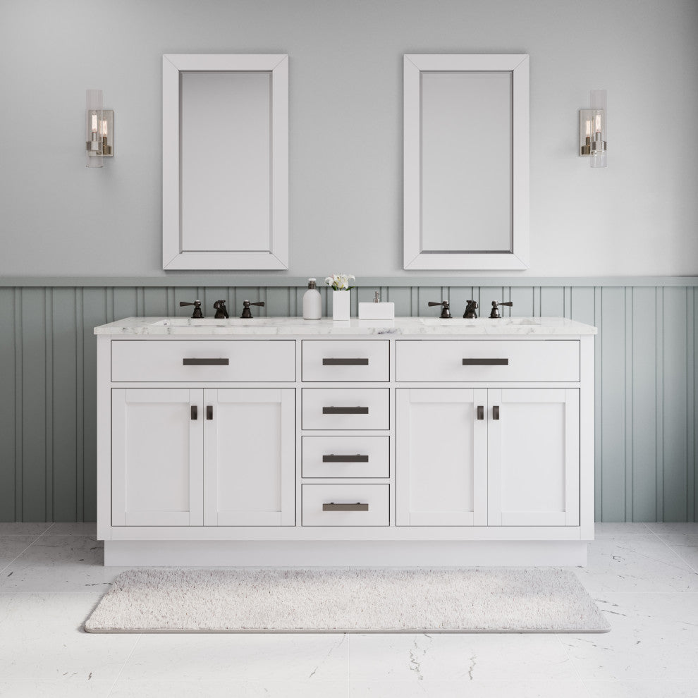 Hartford 72" Double Sink Marble Countertop Bath Vanity, White, Vanity With Small