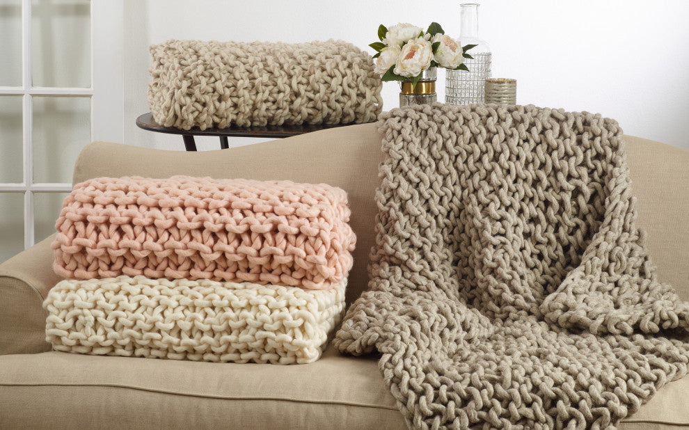Chunky Cable Knit Premium 100% Wool Throw Blanket, 50"x60", Fog