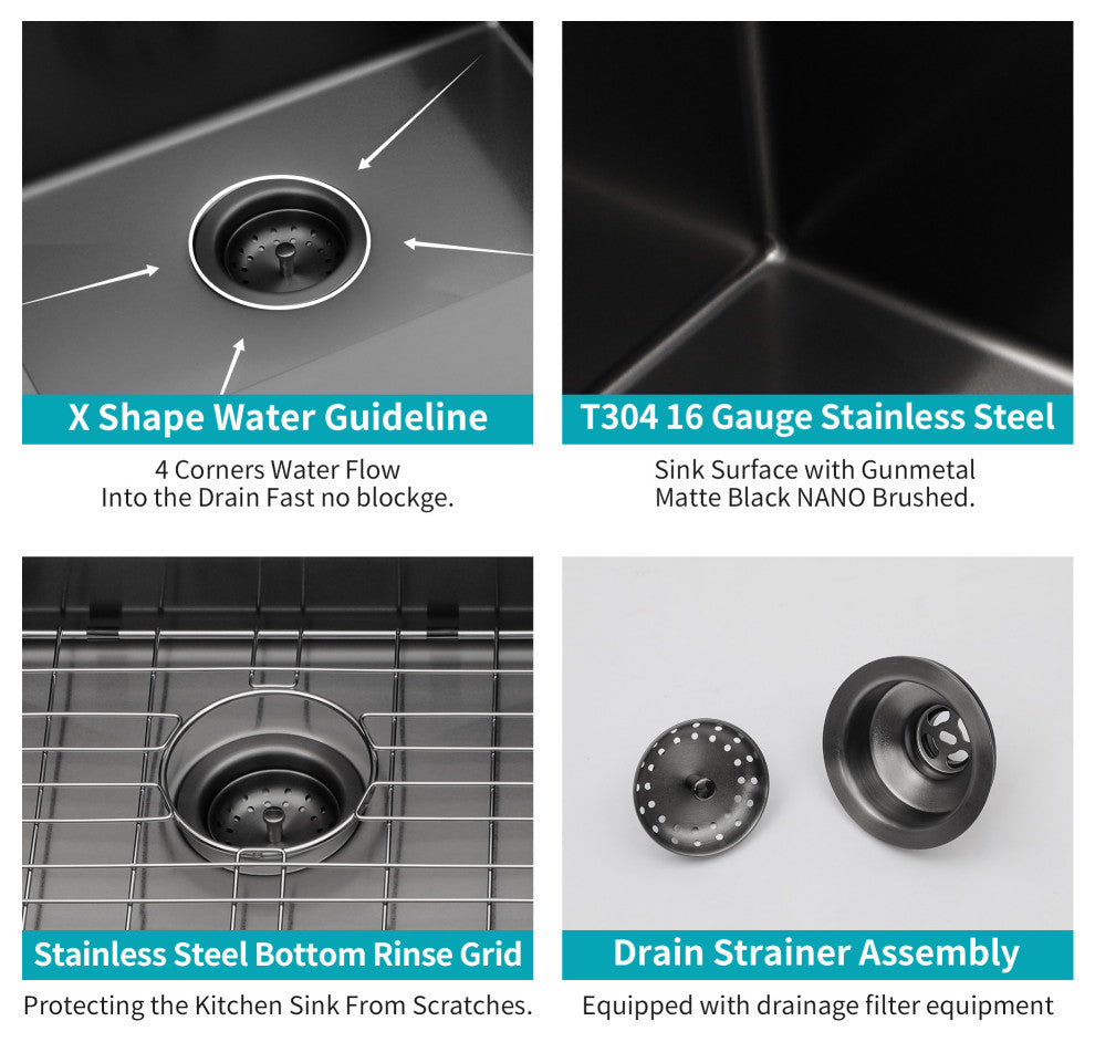 Black Stainless Steel Single Bowl Drop-In Kitchen Sink with Drain Assembly, Gunmetal Black, 28'' X 22''