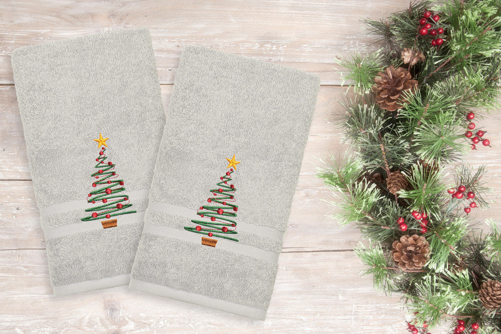 Christmas Tree, Embroidered Luxury Denzi Hand Towels, Set of 2, Gray