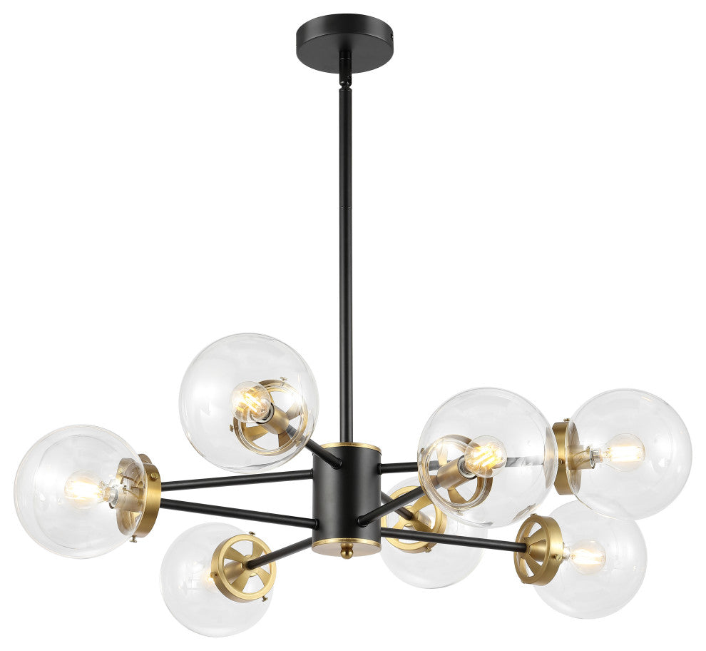 Modern 8-Light Sputnik Chandelier With Glass Globe Shades, Black, Clear Glass