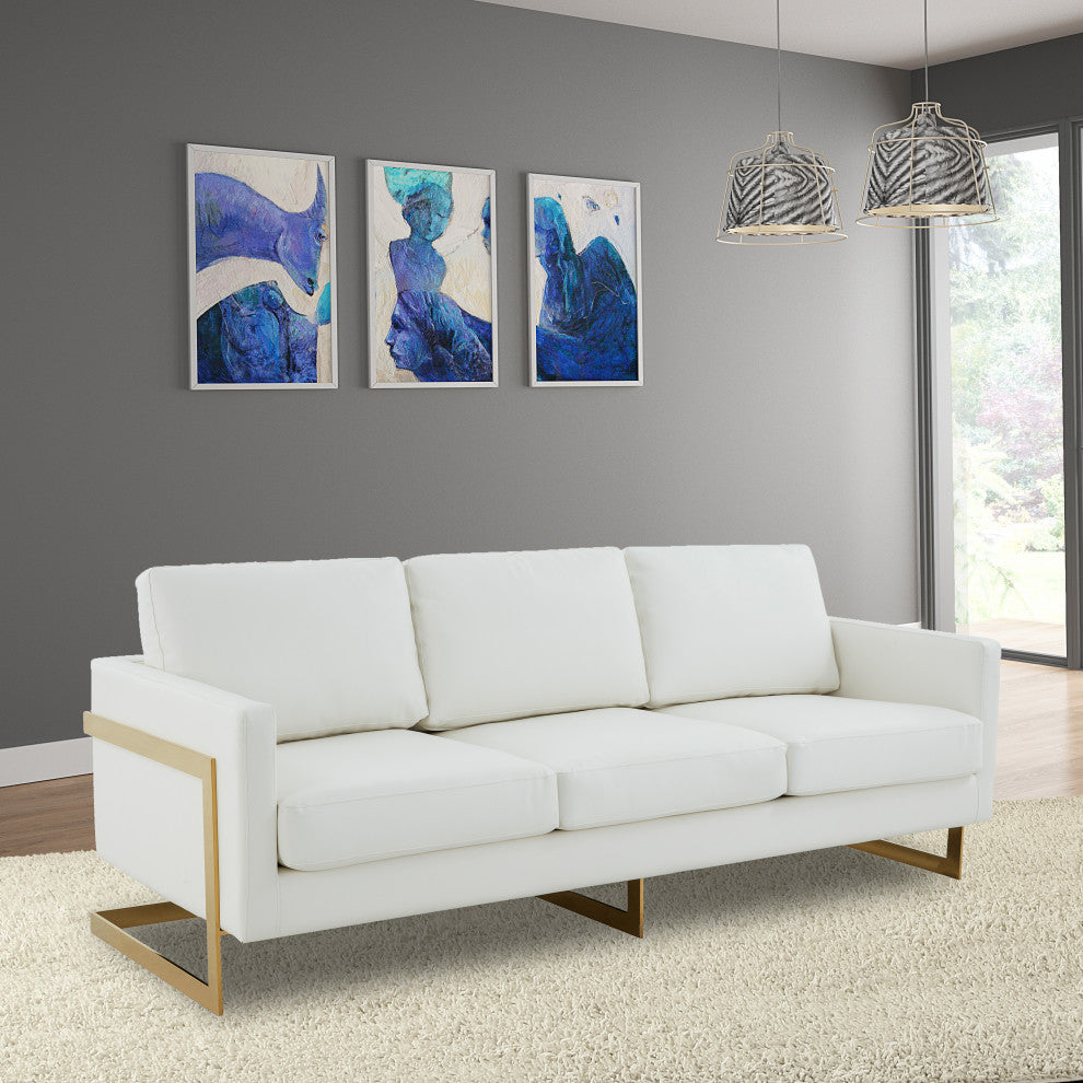 LeisureMod Lincoln Modern Leather Sofa With Gold Frame, White