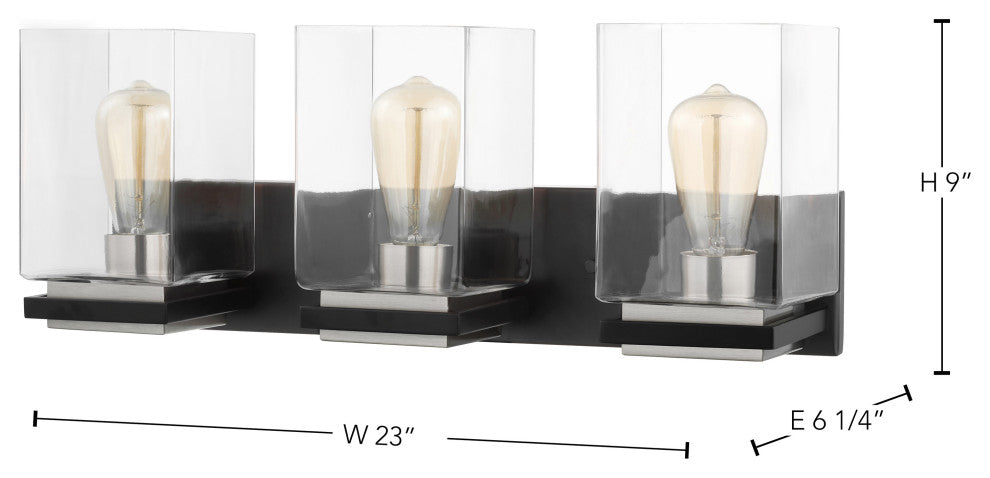 Crossroads 3-Light Vanity, Matte Black With Clear Glass