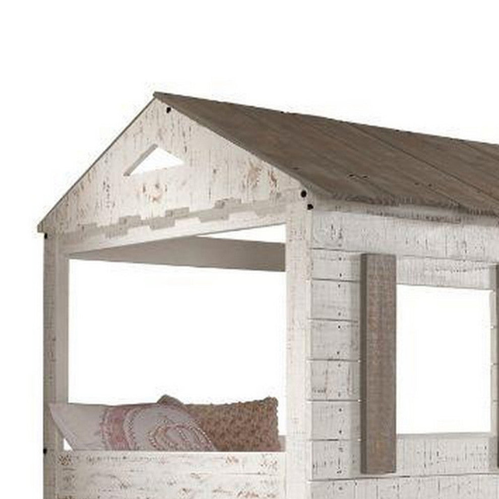 Benzara BM235364 Wooden Twin Bunk Bed With House Design, White and Brown