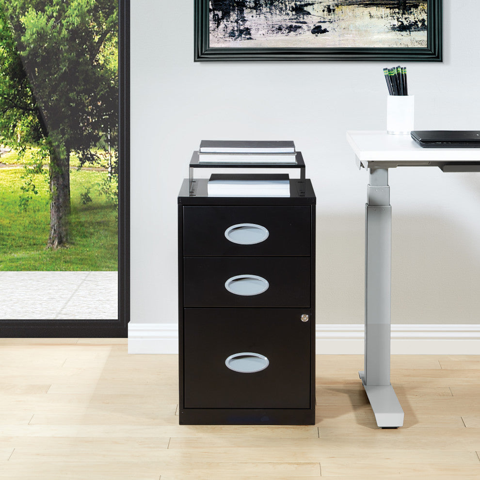 3 Drawer Locking Metal File Cabinet With Top Shelf, Black