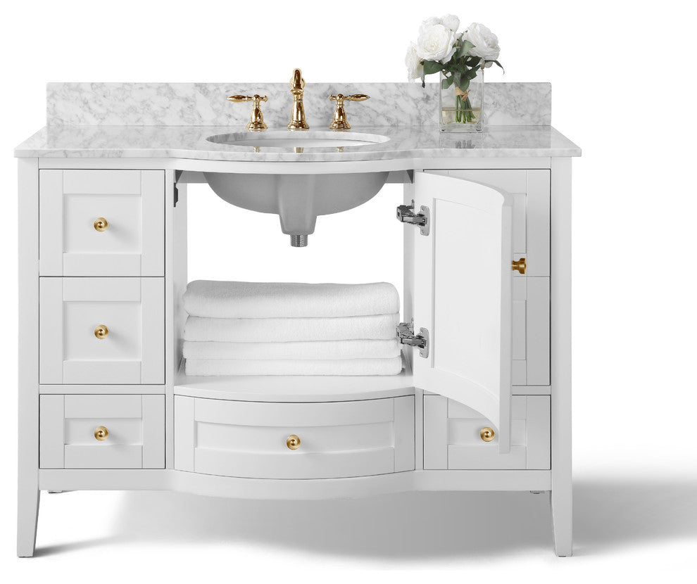 Lauren 48" Vanity Set, White, 48", Gold Hardware, Cararra White Marble Countertop and Mirror