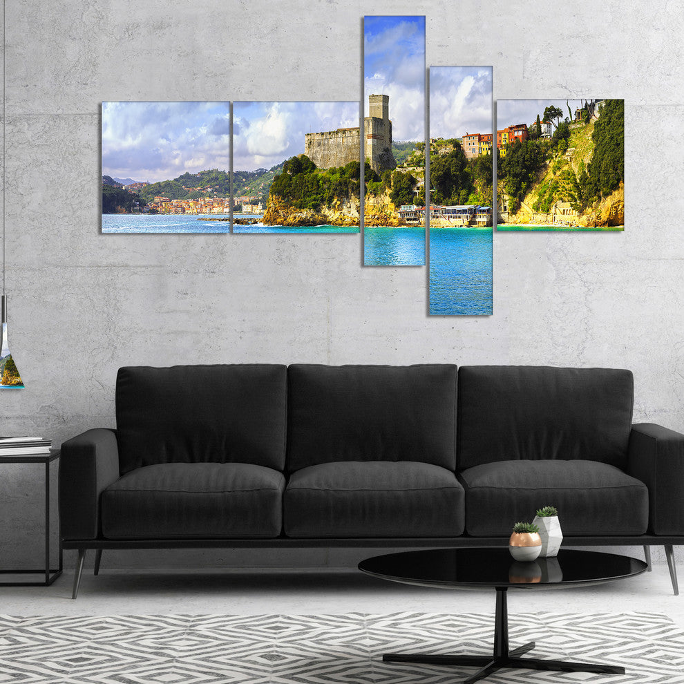 Lerici Village Panorama, Seascape Canvas Art Print, 60"x32", 5 panels