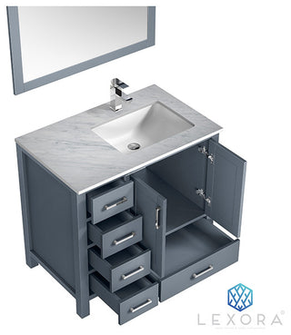 Jacques 36" Vanity, Wht Carrara Marble Top w/ 34" Mirror, Dark Grey, Right