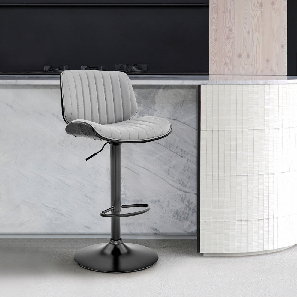 Brock Adjustable Gray Faux Leather and Walnut Wood Bar Stool With Black Base