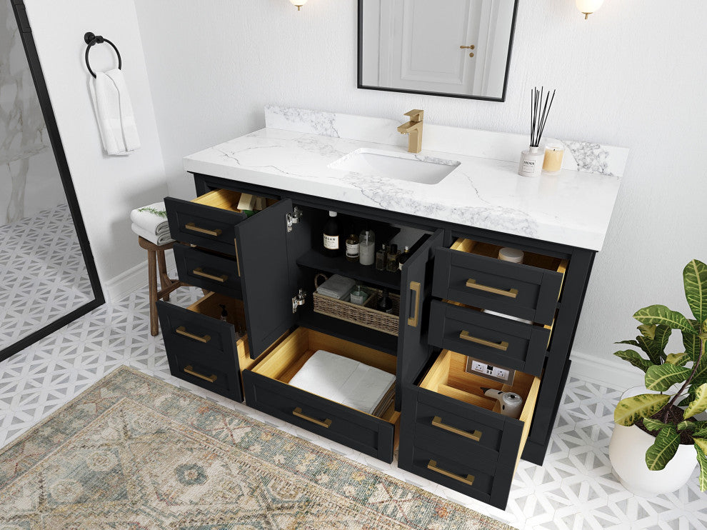 Boston 60" Single Bathroom Vanity, Wrought Iron 2" Calacatta Black