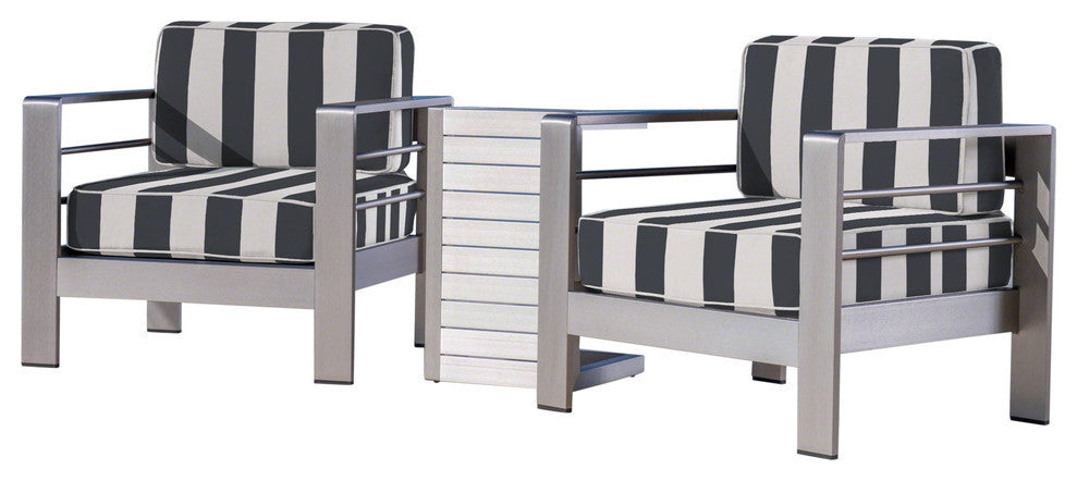 GDF Studio Core Outdoor Chat Set with Faux Wood C-Shaped Table, Silver Table
