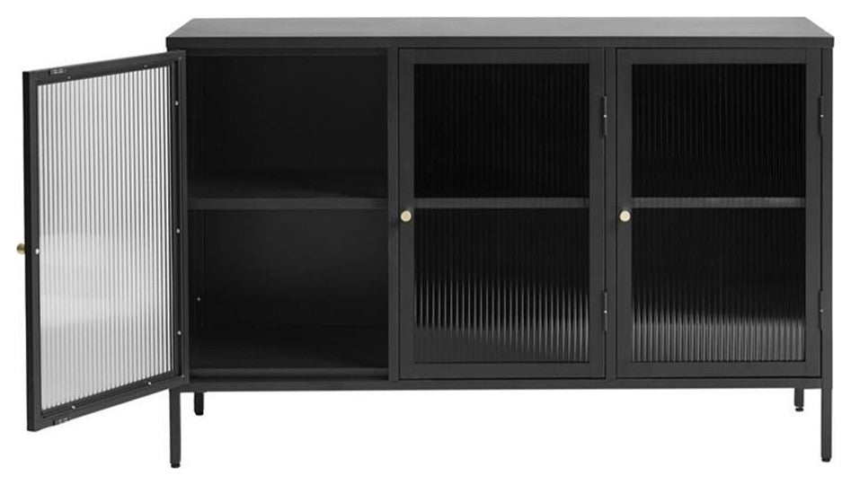 U3-Door Contemporary Glass & Metal Sideboard in Black