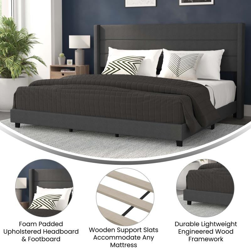 Hollis Upholstered Platform Bed with Wingback Headboard w/Mattress Foundation, Charcoal, King
