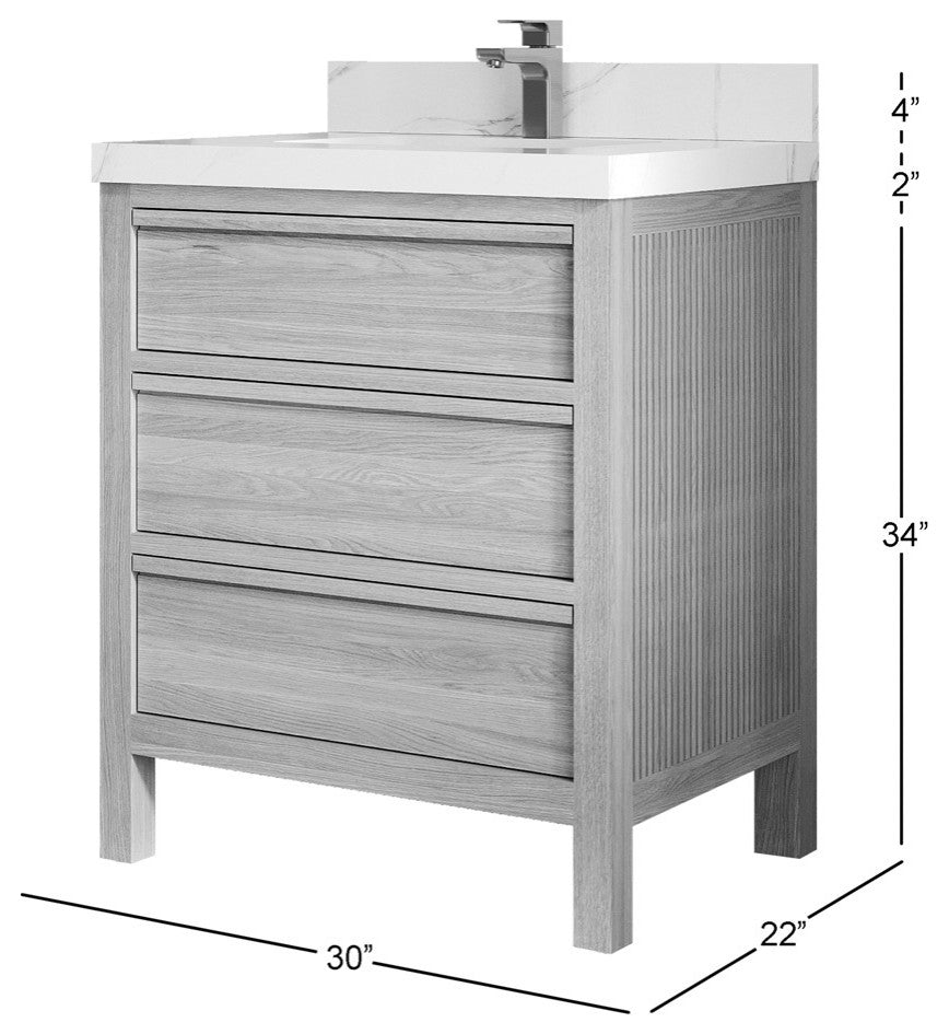 Elizabeth Oak 30" Single Sink Vanity, White 2" Pearl Gray