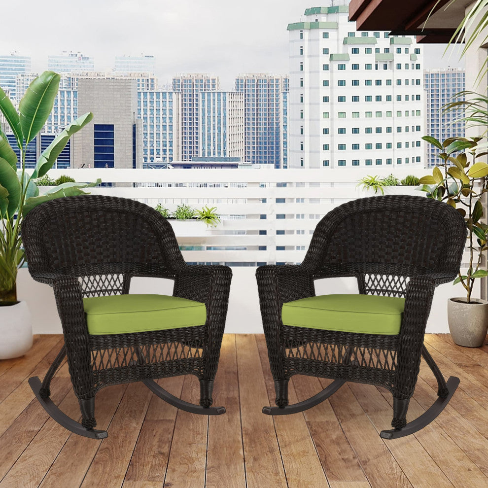 Jeco Rocker Wicker Chair in Espresso with Green Cushion (Set of 2)