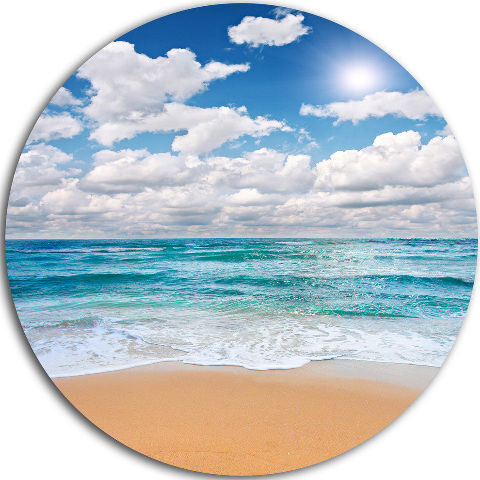 Peaceful Seashore Under White Clouds, Modern Beach Round Wall Art, 23"