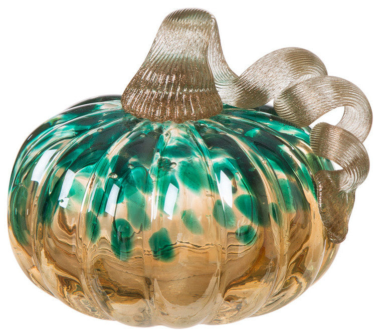 5.12"D Orange/Green Small Glass Art Pumpkin Sculpture