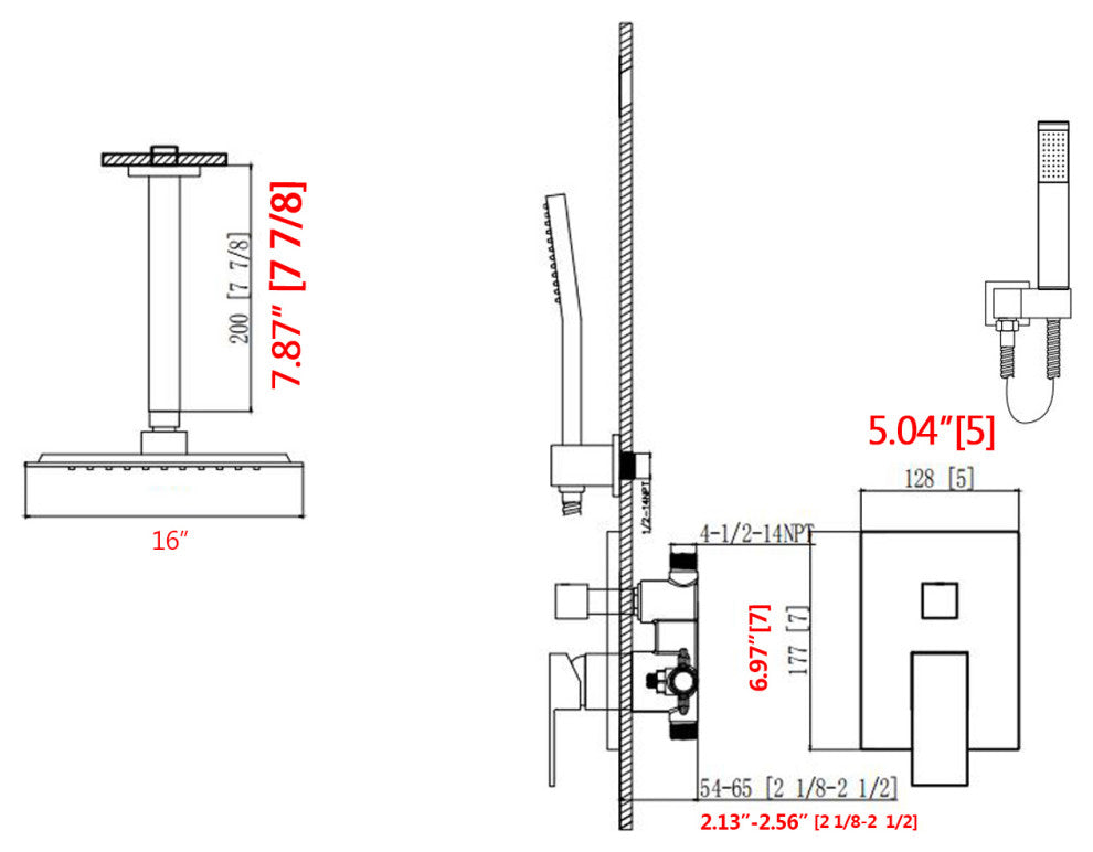 Ceiling Mounted Shower System Set With 16" Rain Shower Head, Matte Black