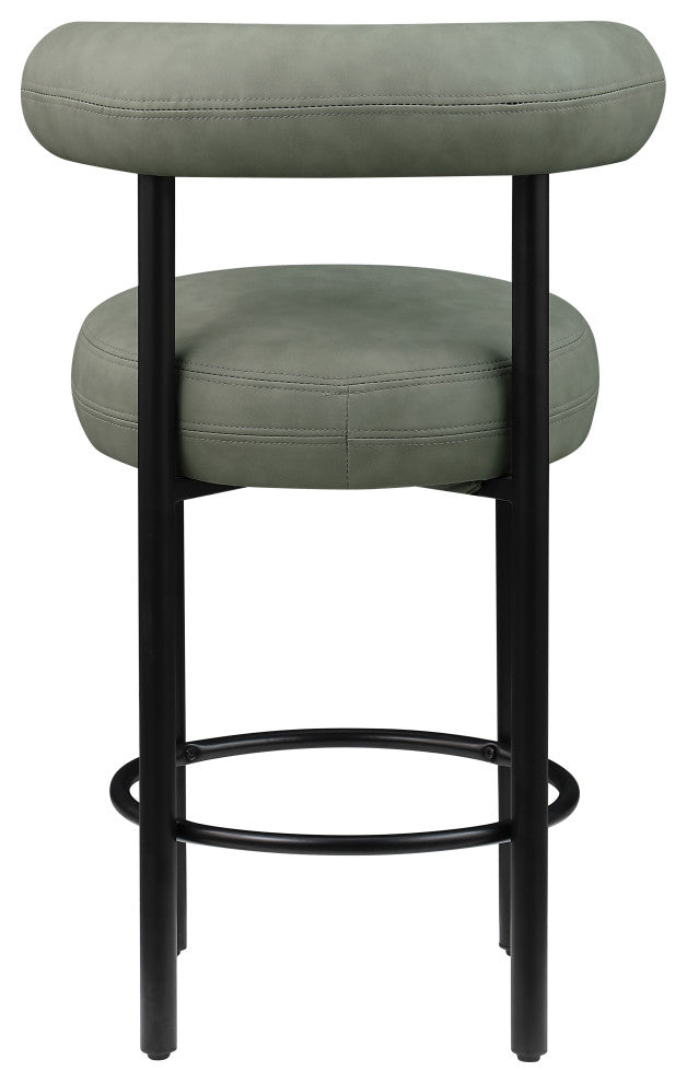 Bordeaux Upholstered Stool, Green, Vegan Leather, Matte Black, Set of 2