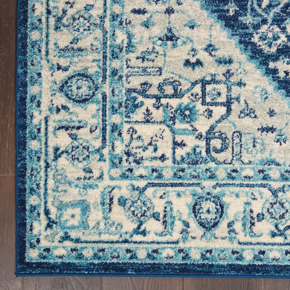 Vintage Area Rug, Classic Medallion Pattern, Ivory/Navy, 6' X 9'