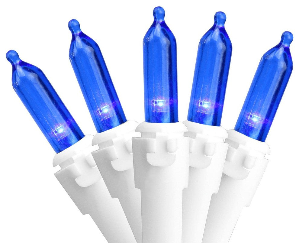 Set of 50 Blue LED Mini Christmas Lights 4" Spacing - White Wire