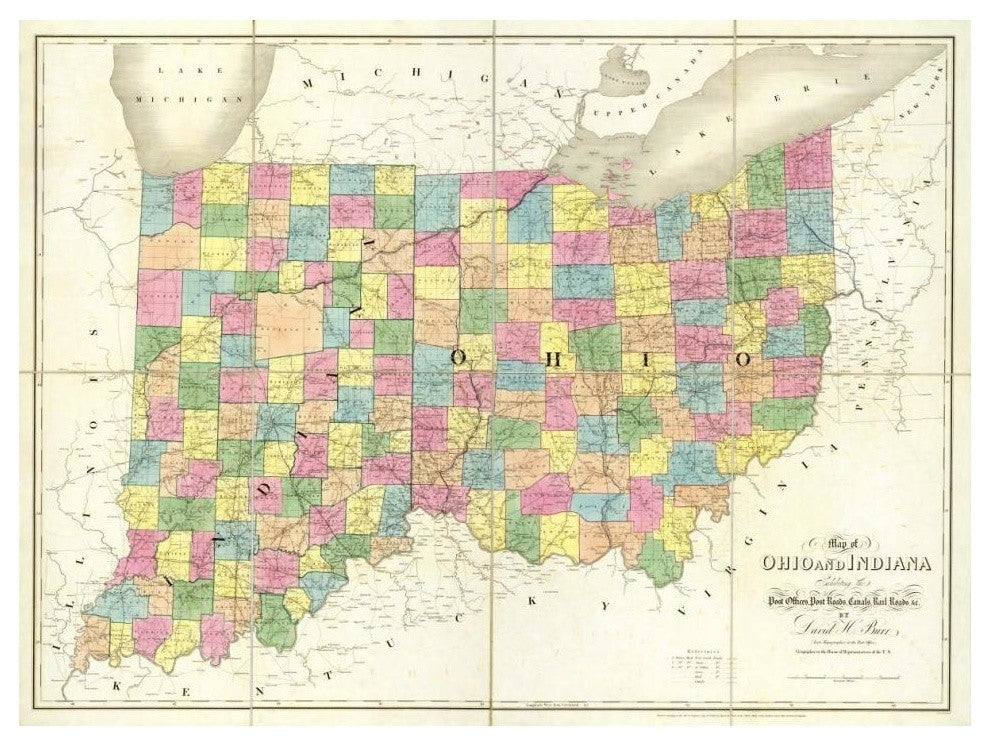 "Map of Ohio and Indiana, 1839" Digital Paper Print by David H. Burr, 42"x32"