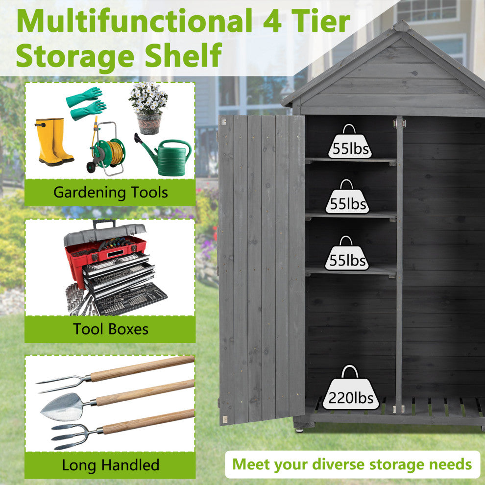Outdoor Storage Shed with 3 Removable Shelves and Waterproof Roof, Gray