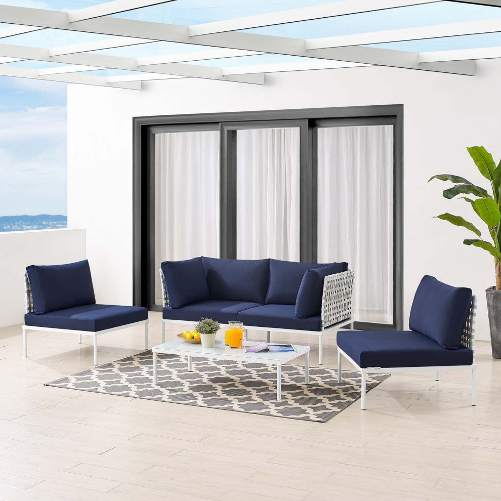Lounge Sectional Sofa Chair Table Set, Sunbrella, Aluminum, Blue Navy, Outdoor