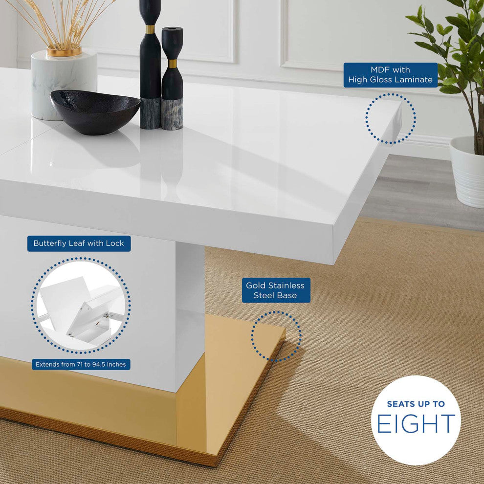 Dining Table, Rectangular, Wood, Metal, White Gold, Modern, Bistro Restaurant