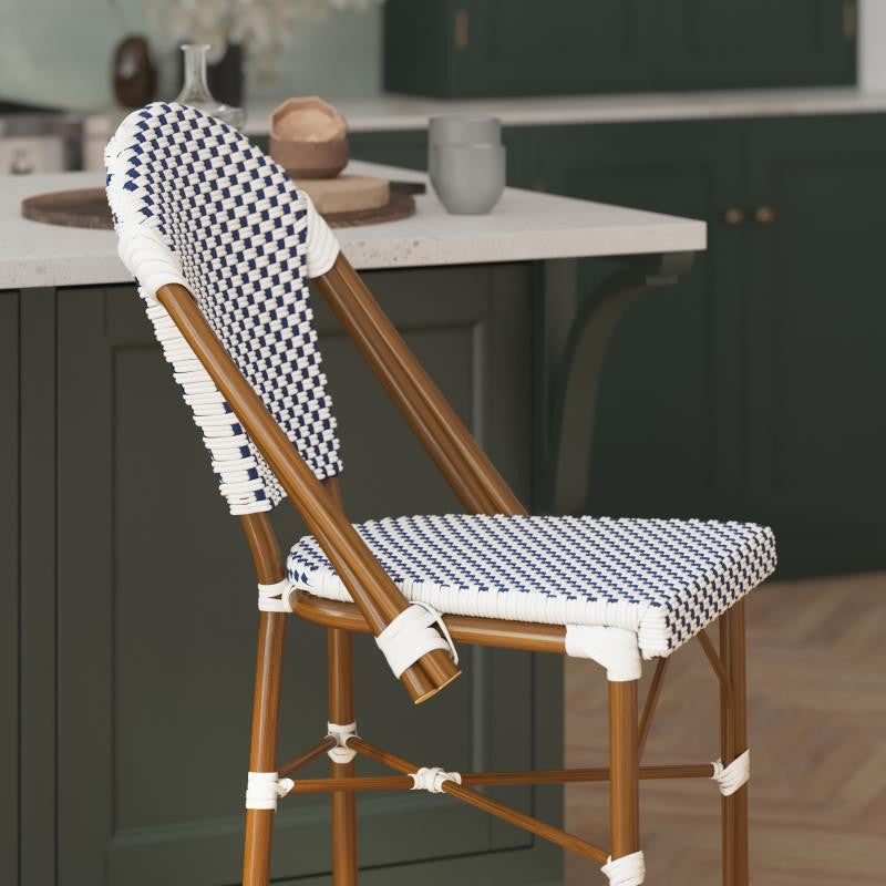 French Bistro 26" Counter Height Stackable Indoor/Outdoor Stool, White & Navy/Natural Frame