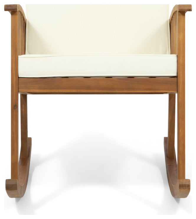 Beulah Outdoor Acacia Wood Rocking Chair, Brown Patina Finish, Cream