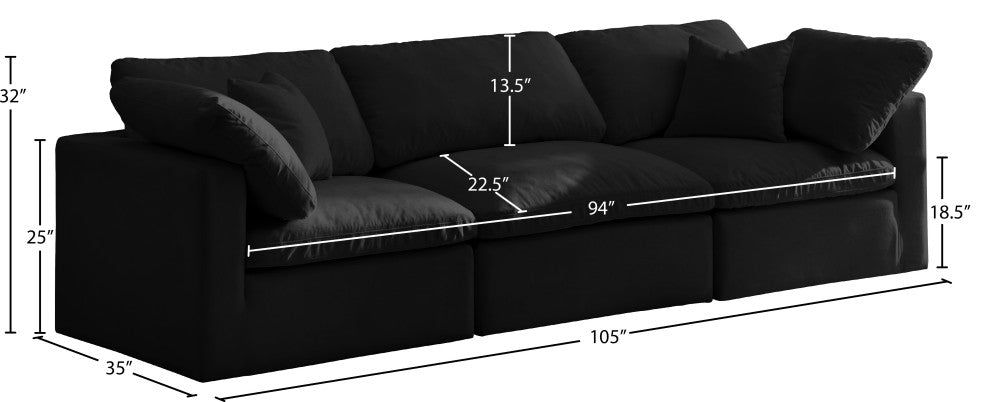 Plush Velvet / Down Standard Comfort Modular Sofa, Black, 3-Piece: 1 Armless Chair, 2 Corner Chair
