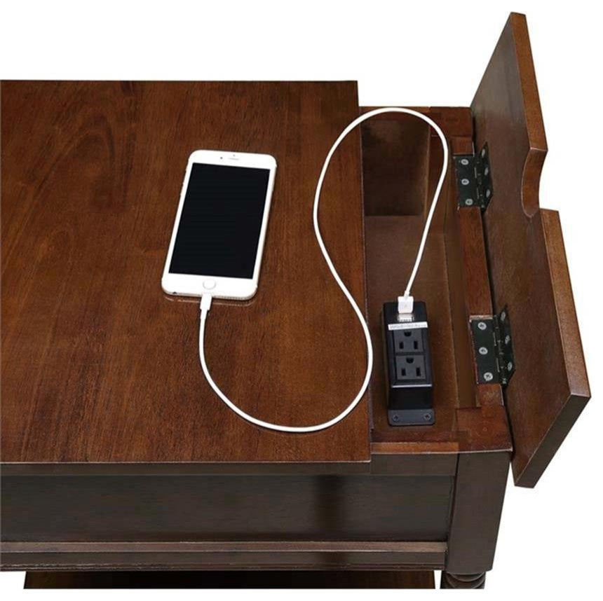Country Oxford Square End Table with Charging Station in Espresso Wood Finish