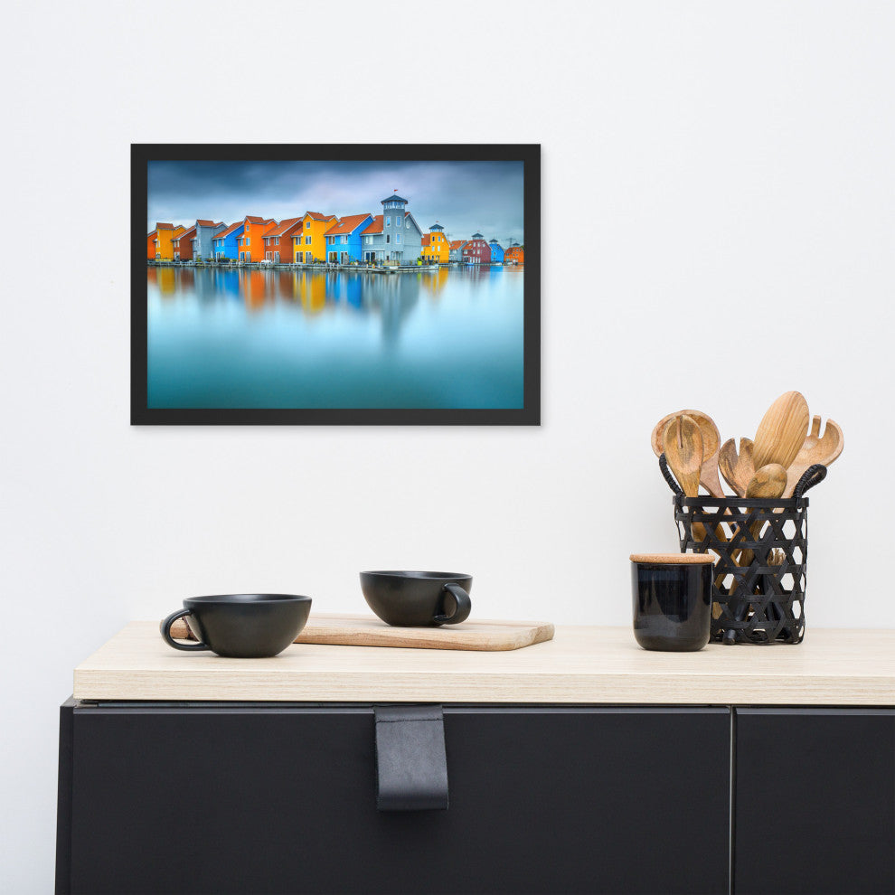 Blue Morning at Waters Edge Landscape Framed Photo Paper Wall Art Prints, Black, 12" X 18"